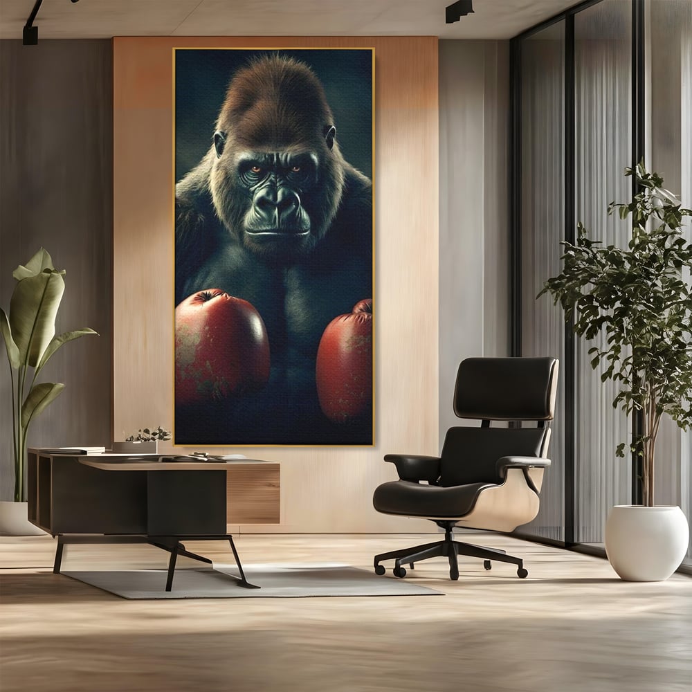 Tablou canvas cu tablou canvas cu gorila boxer, in rama de aluminiu auriu, pe perete intr-un birou